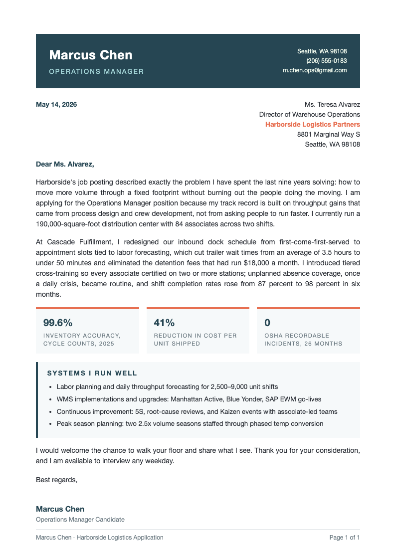 Practical teal accent cover letter